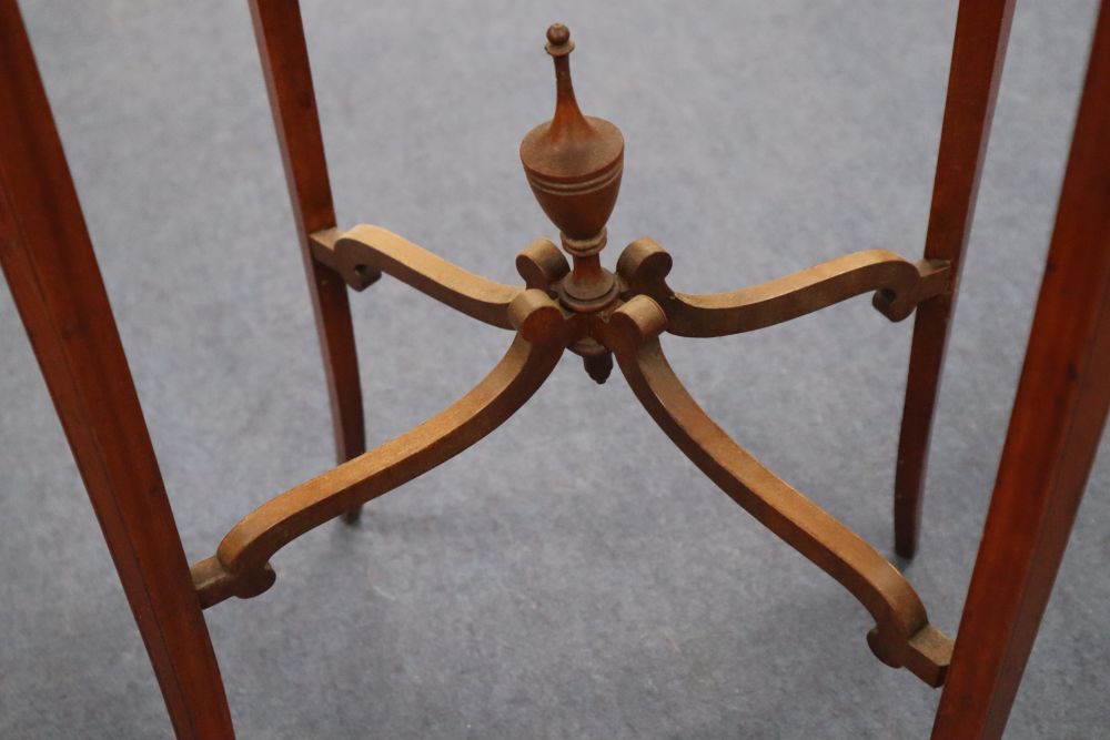 An Edwardian inlaid satinwood oval occasional table, with X- stretcher, height 2ft 0.5in, width 1ft 6in height 2ft 0.5in,